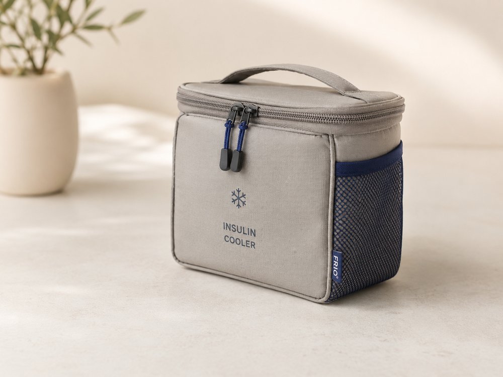Bolsa térmica portátil para conservación de insulina sobre una superficie clara y luminosa